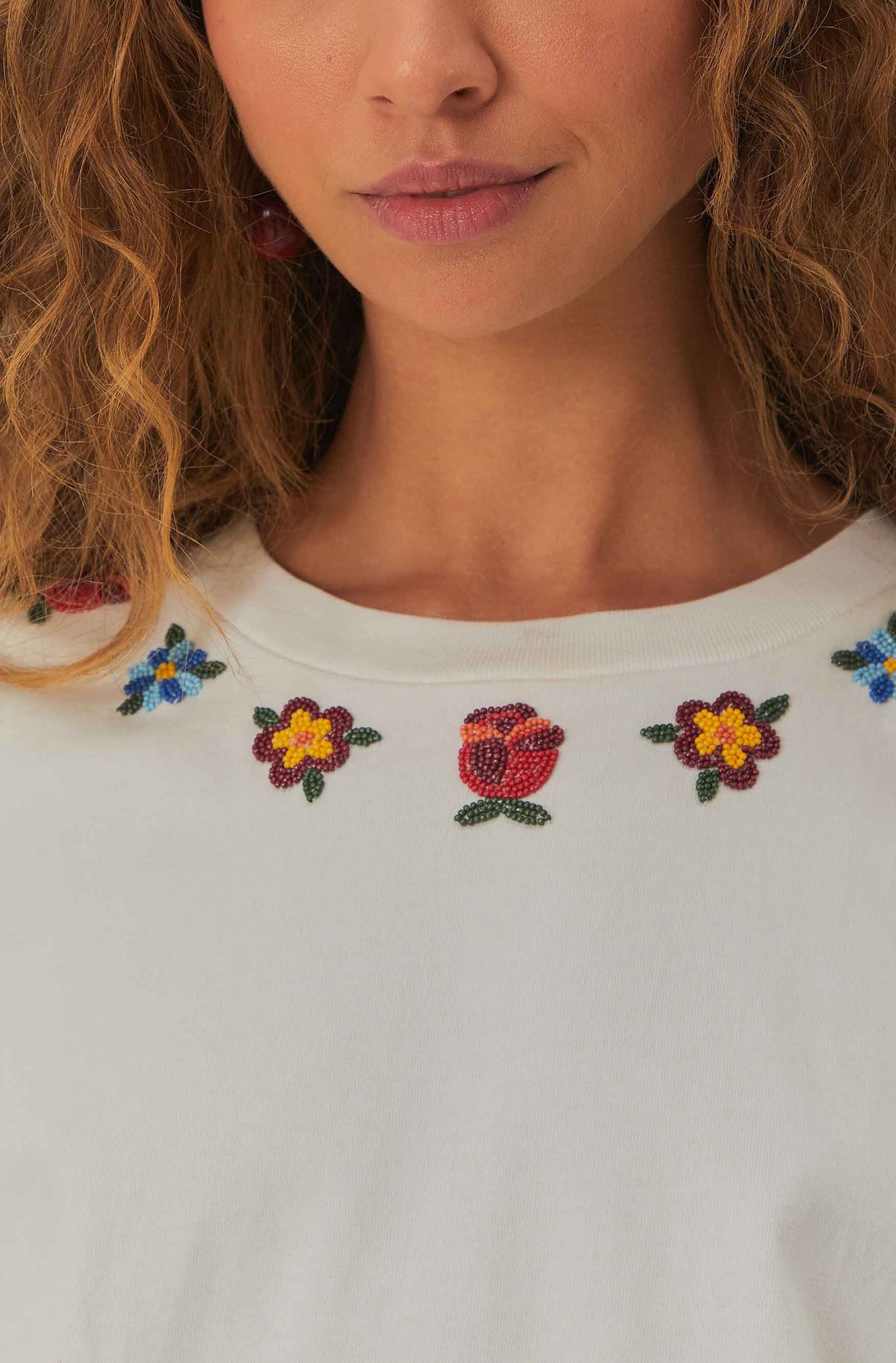 Beaded Flowers White T-Shirt