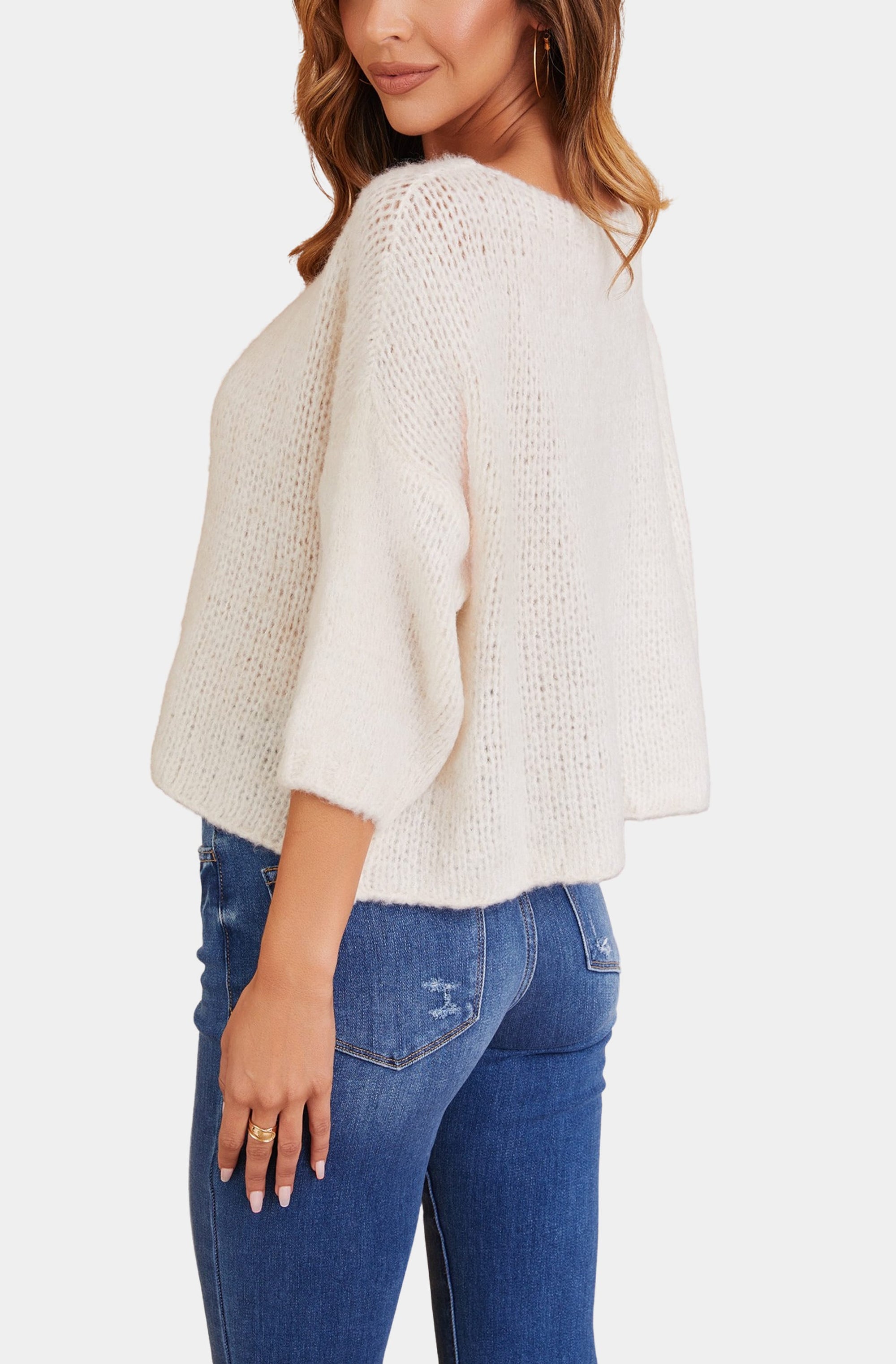 Fuzzy Knit Boat Neck 3/4 Sleeve Sweater