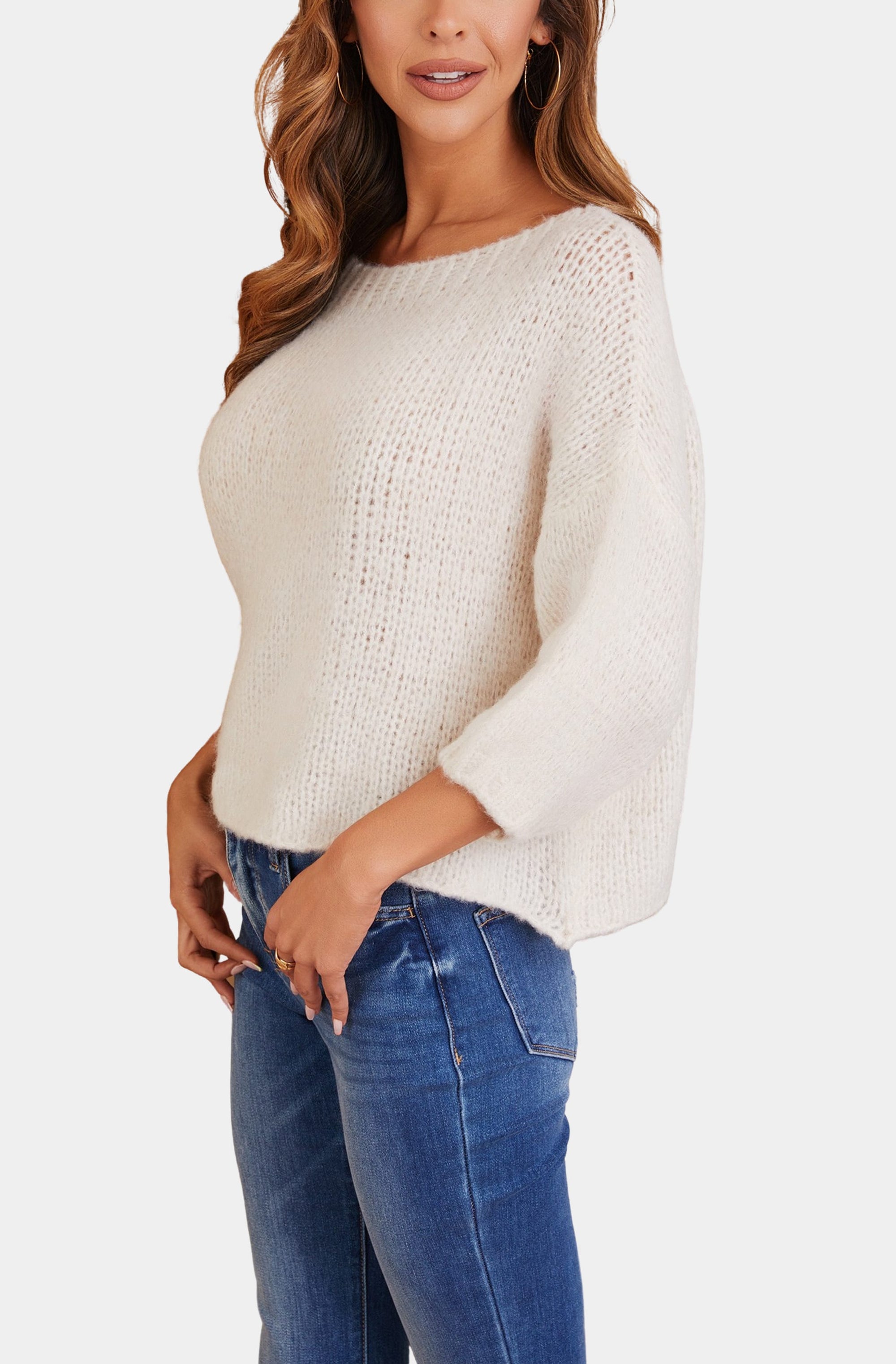 Fuzzy Knit Boat Neck 3/4 Sleeve Sweater